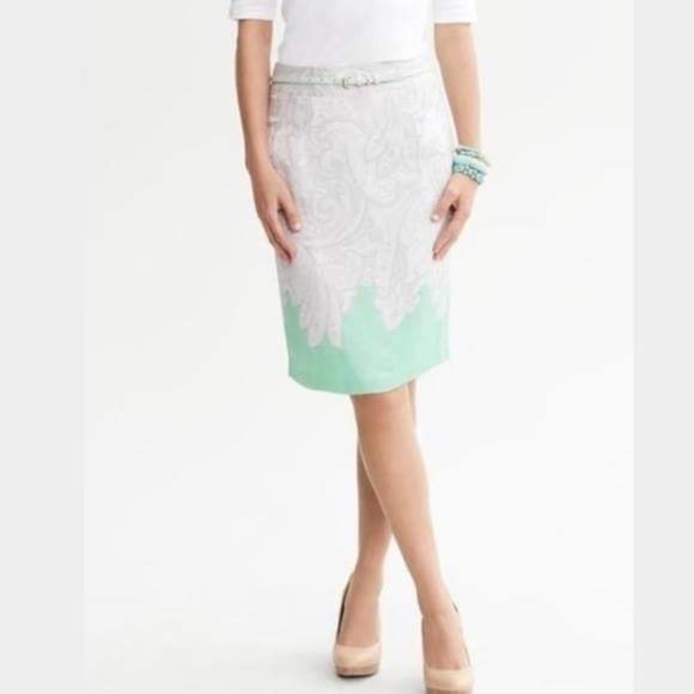 Banana Republic Paisley Pencil Skirt Petite Green Gray